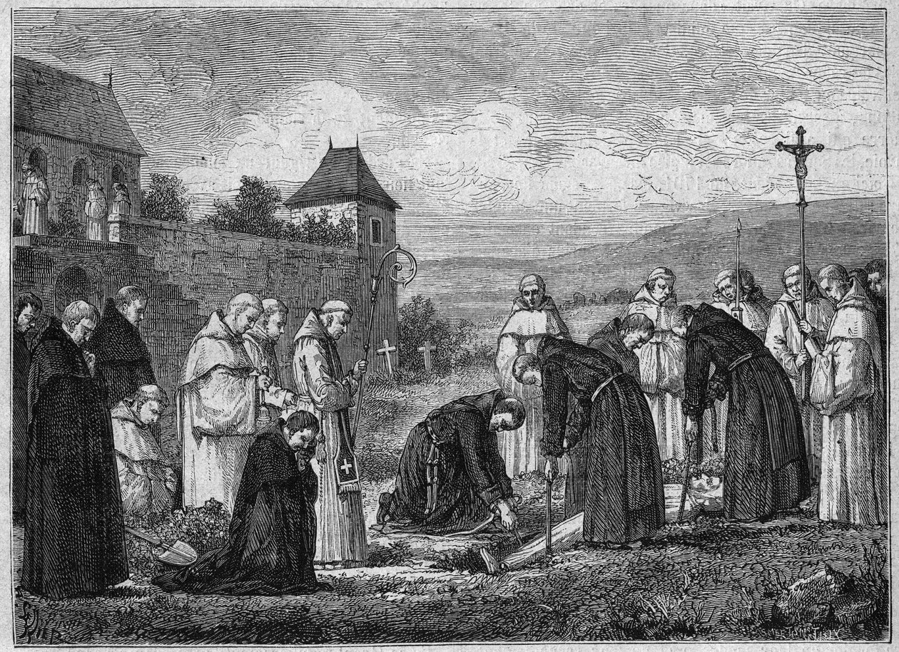 Karthusialaisen hautaaminen Tamien luostariin Savoyssa (sistercian yhteisö). Kaiverrus vuodelta 1875. tekijältä French School