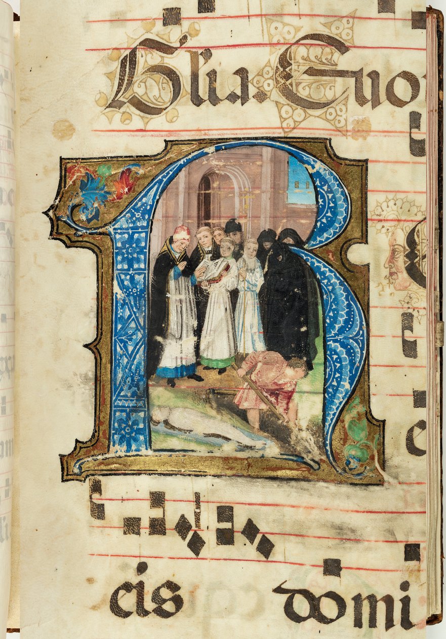 Hautauskohtaus, asteittainen, f.86 (muste, tempera ja kultalehti pergamentilla) tekijältä French School