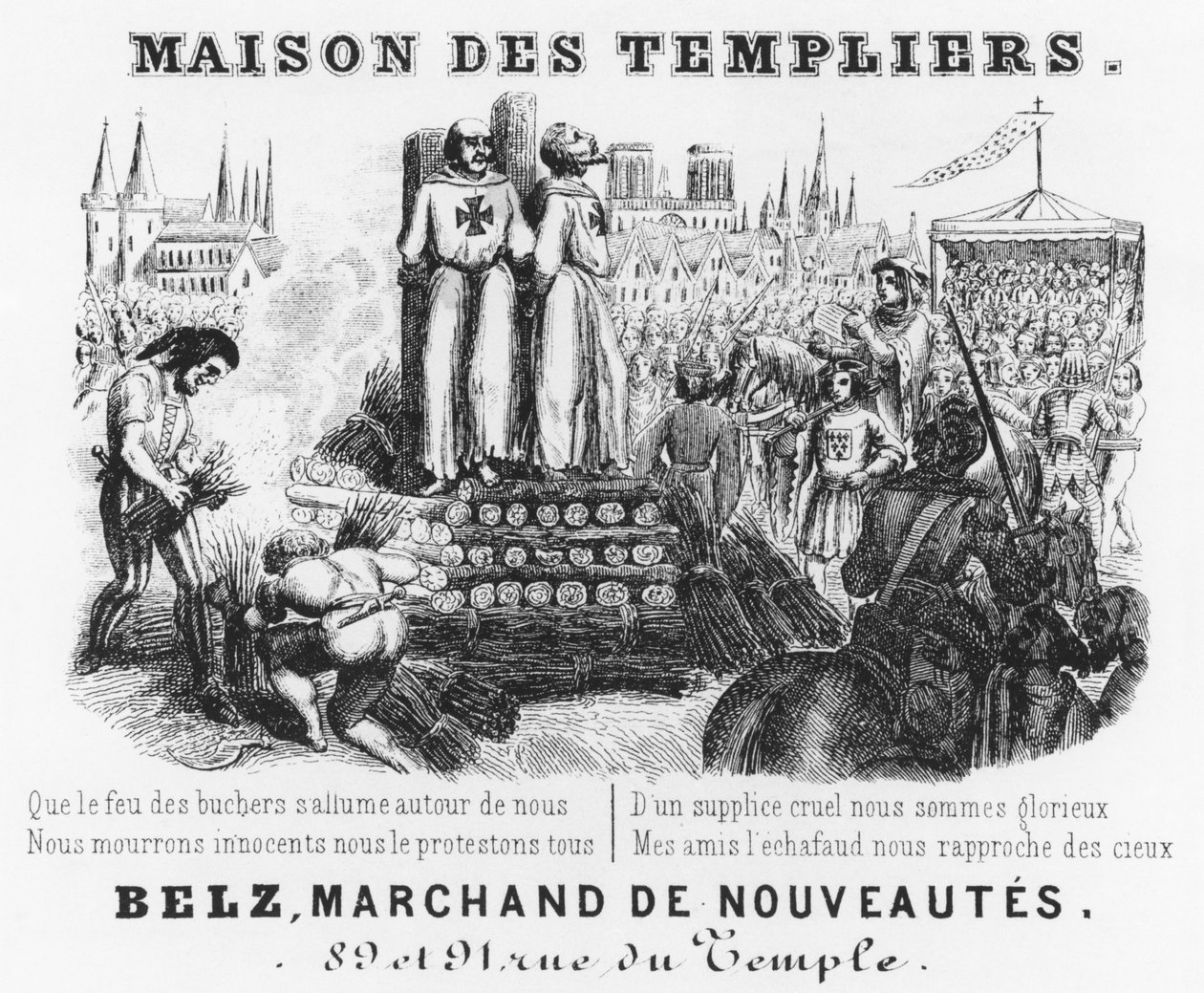 Temppelilaisten polttaminen, verhokaupan laskun otsikko, Maison des Templiers, Belz, rue du Temple, Pariisi, n. 1840 tekijältä French School