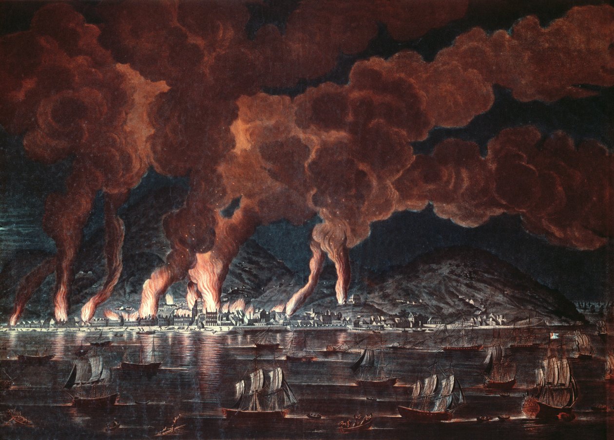 Cap-Francaisin kaupungin palaminen, Saint-Domingue (Haiti), 1795 (värikaiverrus) tekijältä French School