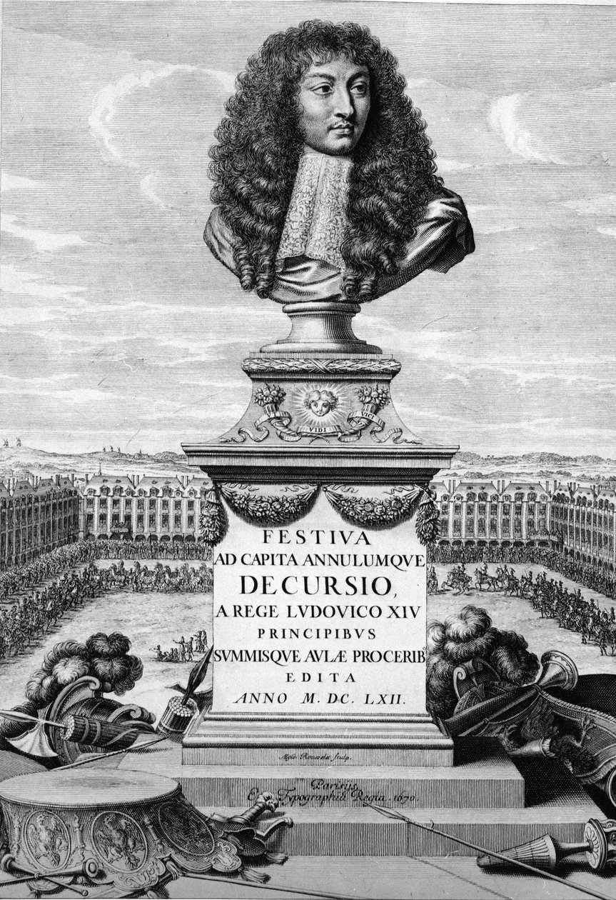 Ludvig XIV Suuren (1638-1715) rintakuva - "" Festiva ad Capita Cancellumque Decursio, A Rege Louis XIV... "", C. Perrault, Paris Imprimerie Royale tekijältä French School