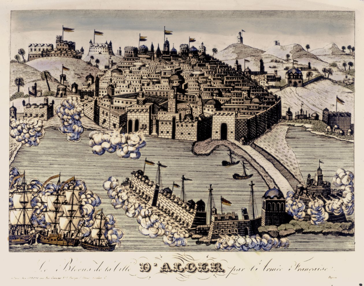 KOLONIALISMI: Ranskan armeijan Algerin kaupungin saarto. 1830 (värikaiverrus) tekijältä French School
