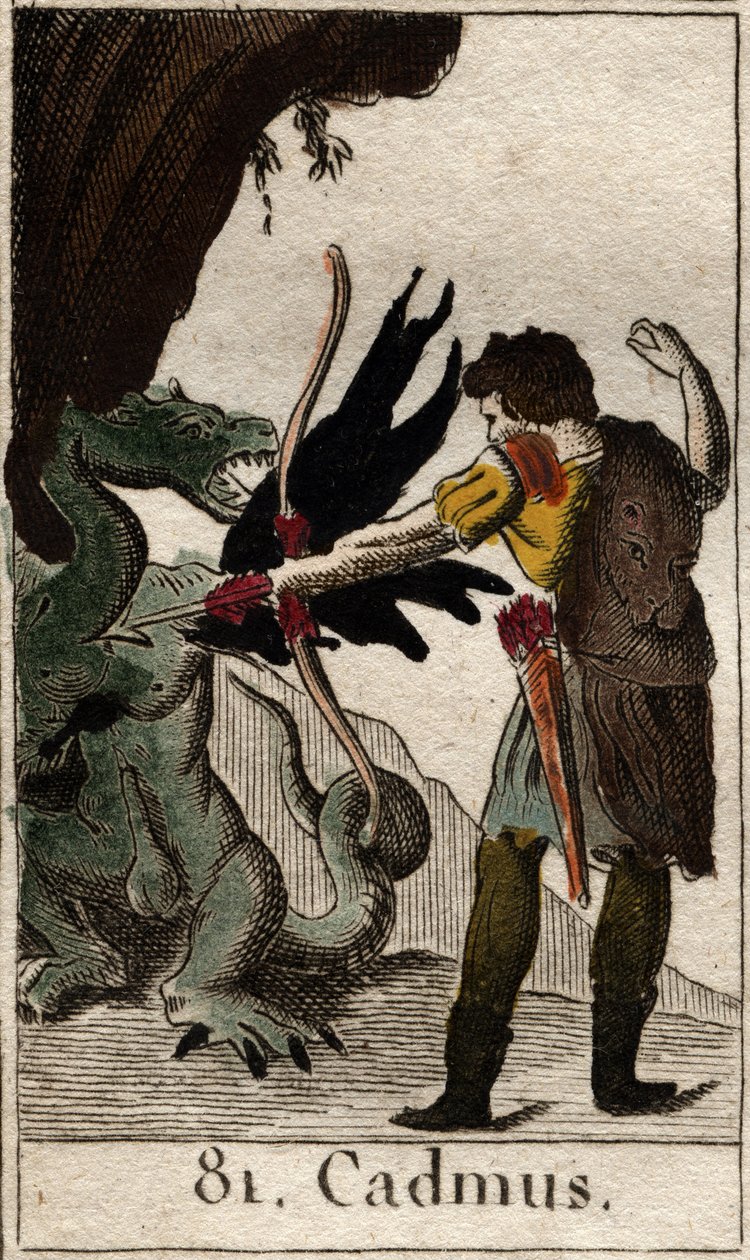Cadmos (Kadmos tai Cadmus) tappamassa lohikäärmettä (Cadmus taistelee lohikäärmettä vastaan). Pierre Blanchardin "Nuoruuden mytologiasta" vuodelta 1803. tekijältä French School