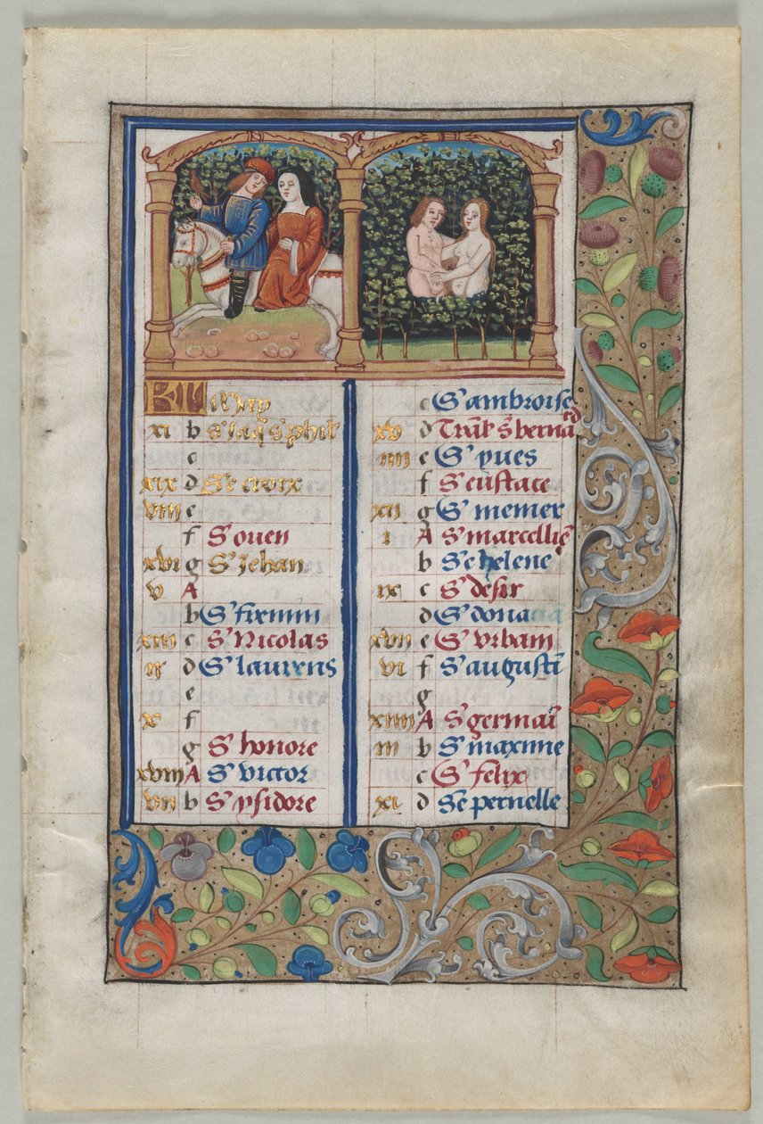 Toukokuun kalenterilehti (rekto), n. 1510 (tussi, tempera, kulta, pergamentti). tekijältä French School