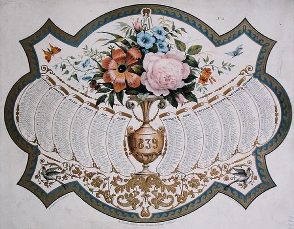 Kalenteri vuodelle 1839, kaiverrus Godefroy Engelmann (1788-1839) n. 1838 (väri litho) tekijältä French School