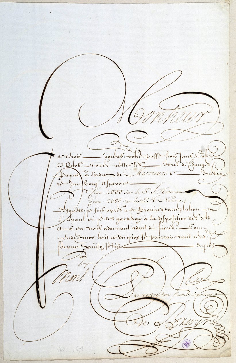 Kalligrafia: Francois de Bruynin vuonna 1678 kalligrafiima tilikirje. tekijältä French School