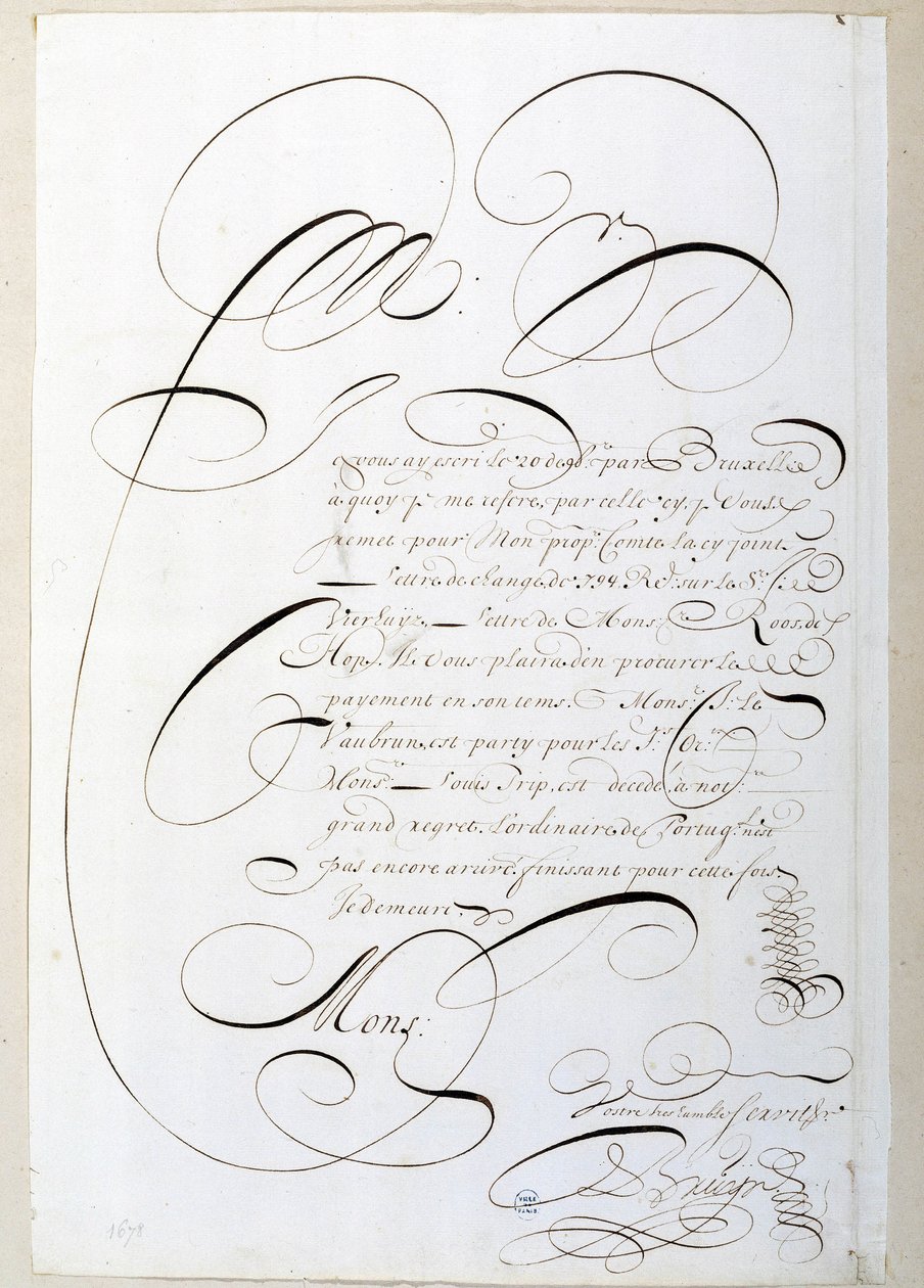 Kalligrafia: Francois de Bruynin vuonna 1678 kalligrafiima tilikirje. Pariisin kaupungin historiallinen kirjasto tekijältä French School