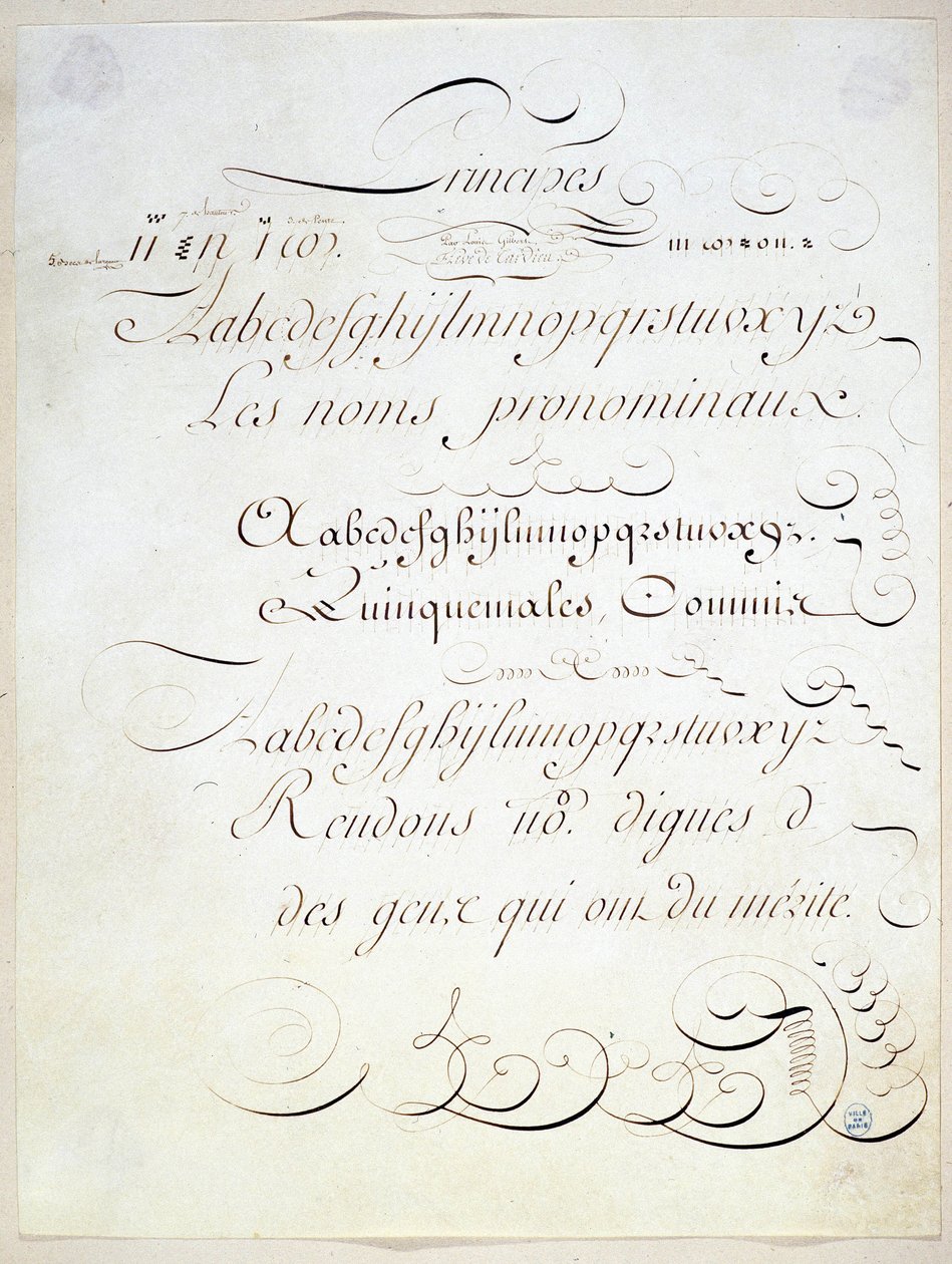 Kalligrafia: Käsikirjoitus, joka edustaa kolmen ranskalaisen kirjoituksen periaatetta Andre Tardieun 1700-luvun lopulla. tekijältä French School