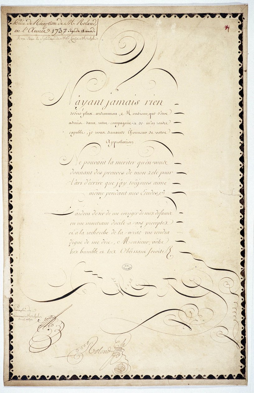 Kalligrafia: Andre Francois Rolandin vastaanottoteos vuodelta 1737. tekijältä French School