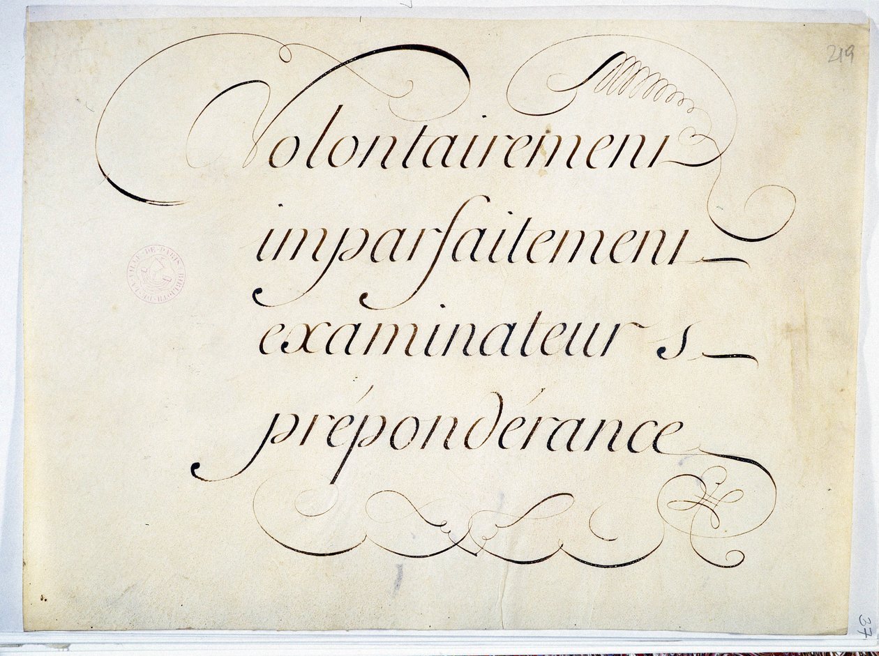 Kalligrafia: Andre Francois Rolandin käsikirjoitus noin 1670. "tahallisesti, epätäydellisesti, tutkijat, ylivoima"". tekijältä French School