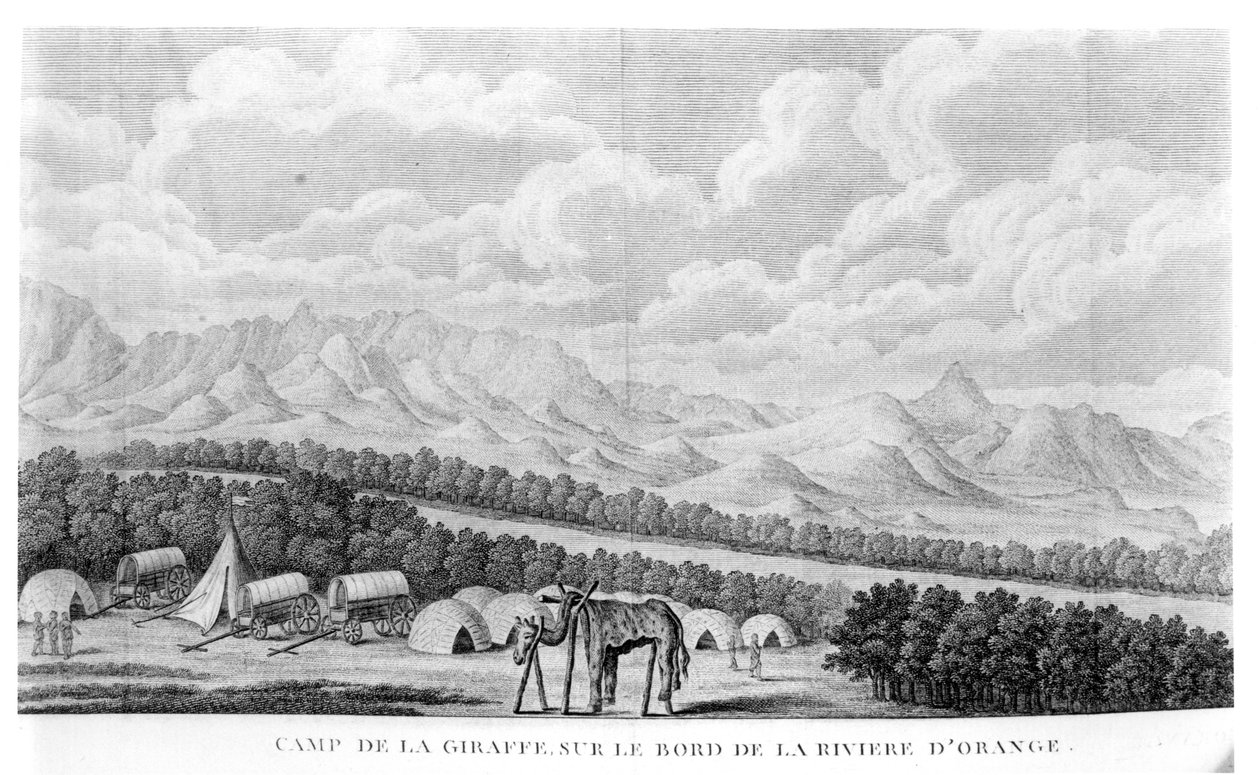 Camp Giraffe Orange-joen rannalla, Francois Le Vaillantin (1753-1824) kirjan Second Voyage dans linterieur de lAfrique osasta 2, julkaistu 1796 tekijältä French School
