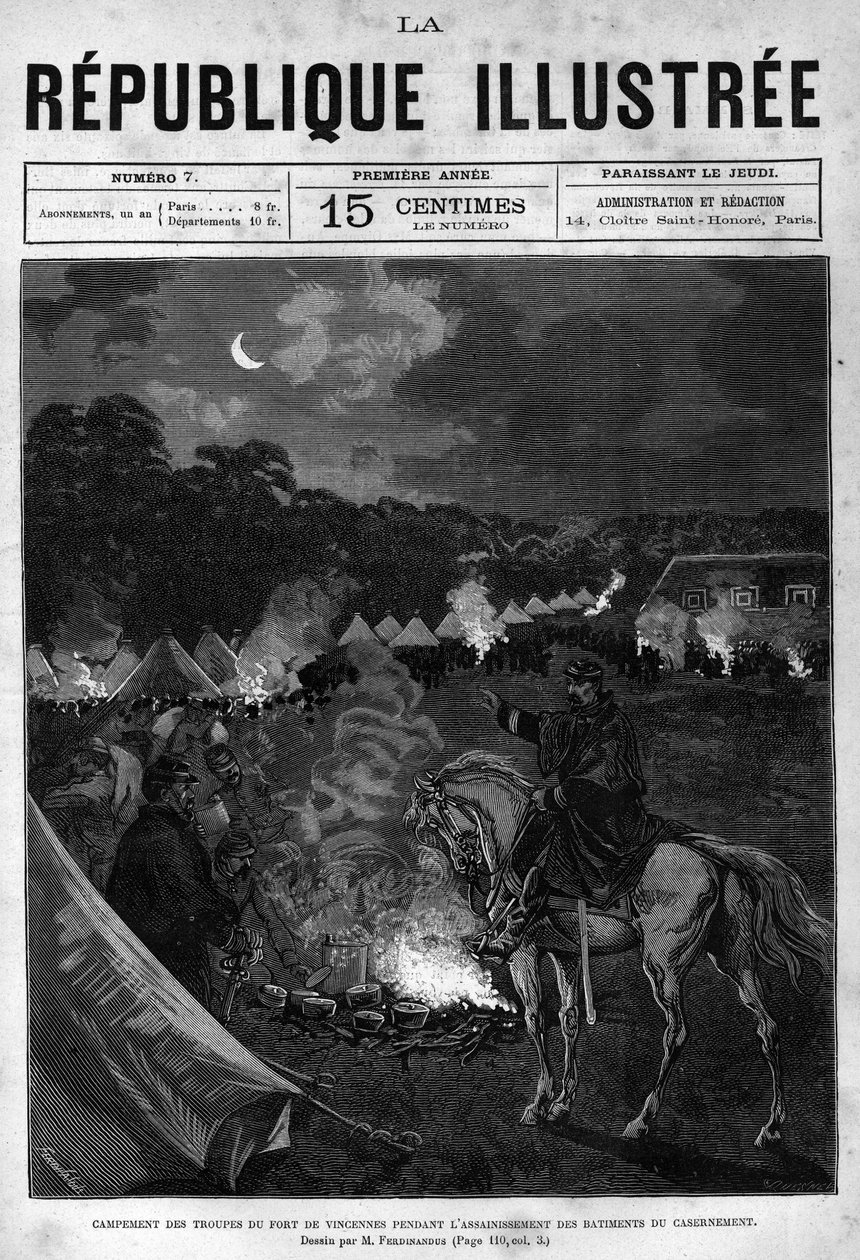 Fort de Vincennesin joukkojen leiri rakennusten siivouksen aikana. Sanomalehti. Kaiverrus vuodelta 1880 ”La republique illustree”” yksityiskokoelmassa. tekijältä French School