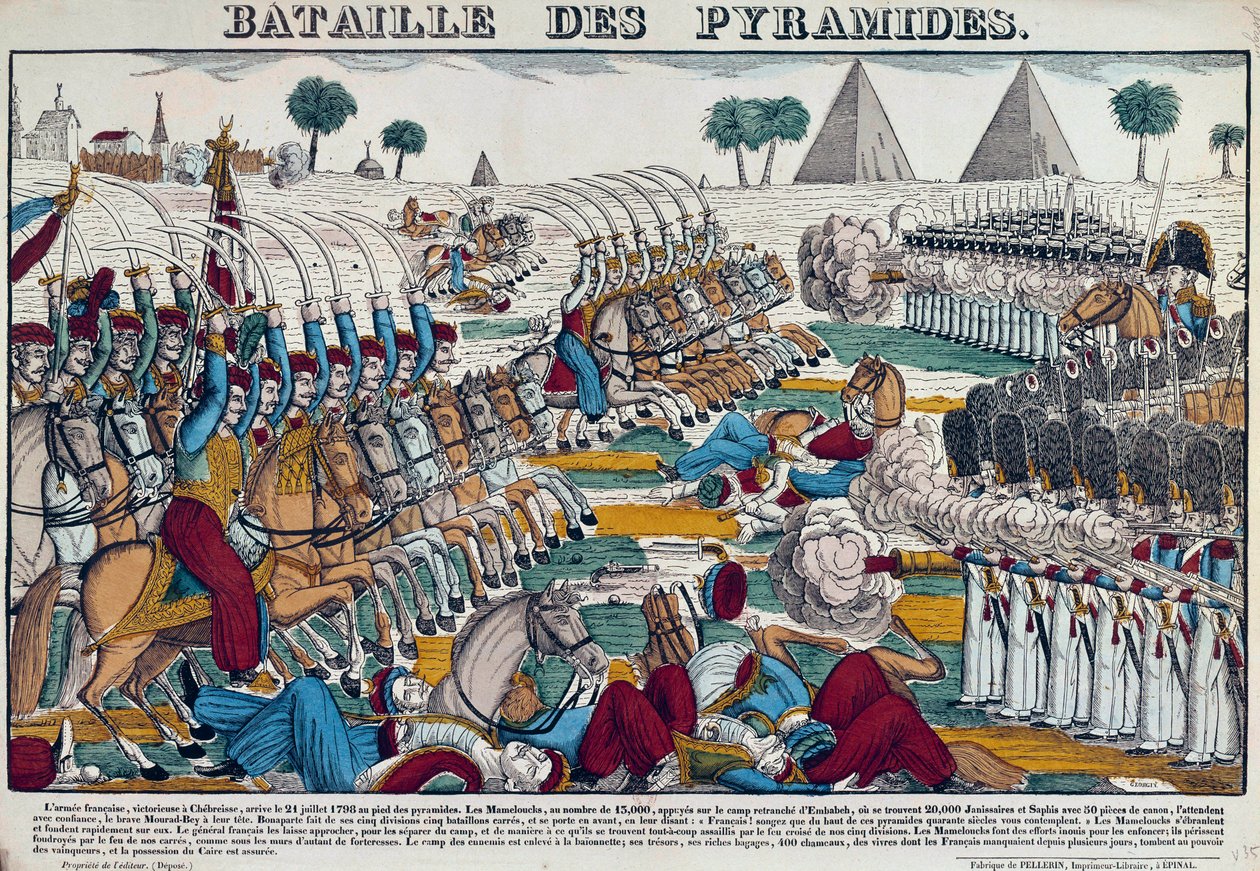 Egyptin kampanja (retkikunta) (1798-1801): Egyptin taistelu 21.7.1798. Kaiverrus 1800-luvulta. tekijältä French School