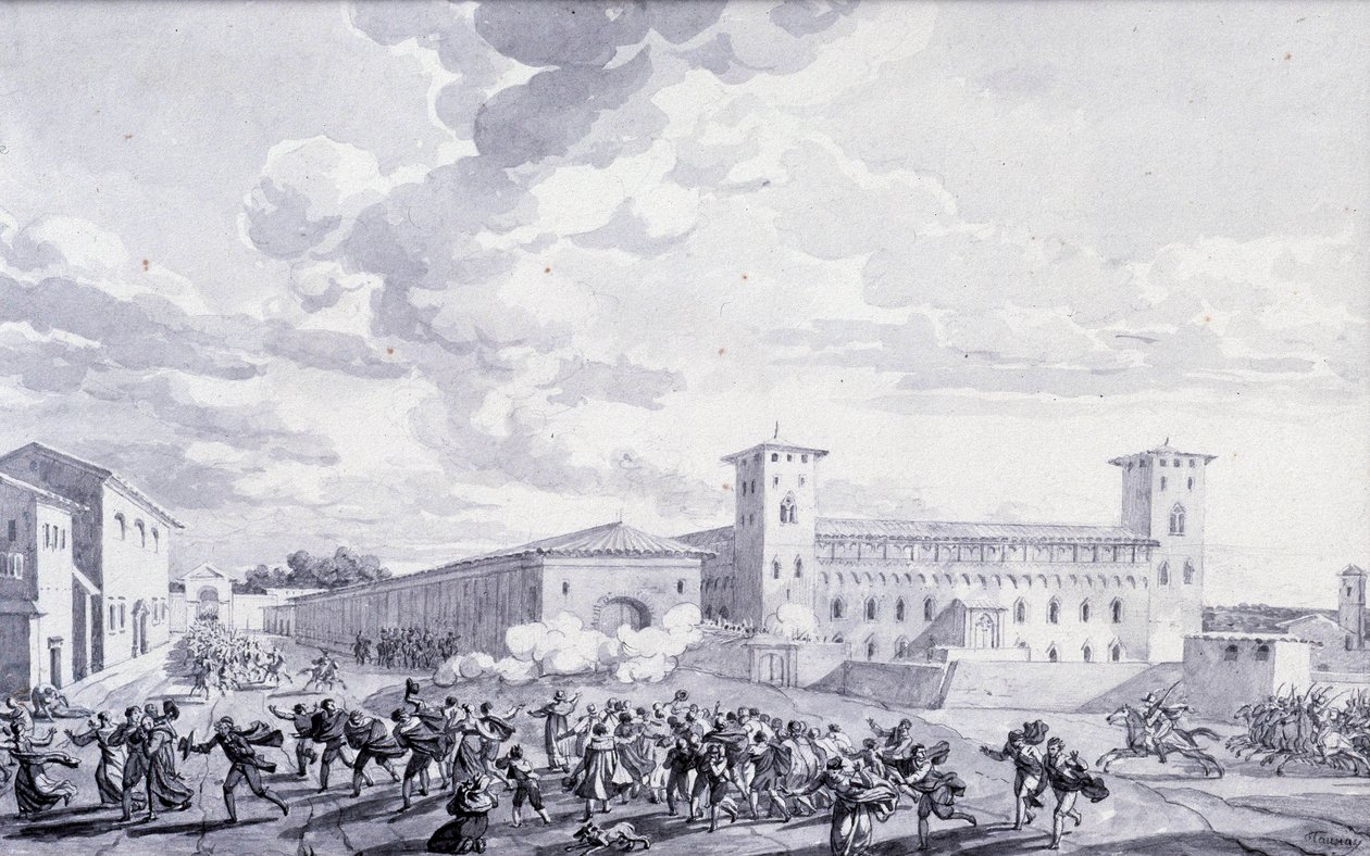 Italian kampanja: näkymä Pariisin kaupungin kapinasta Ranskan miehitystä vastaan toukokuussa 1796. Anonyymi piirros. Pariisi, Louvren museo tekijältä French School