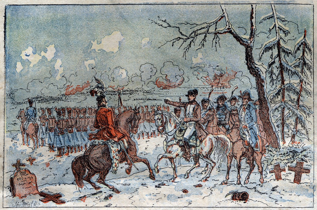 Preussin ja Puolan kampanja (1806-1807): "" Napoleon I (1769-1821) Eylaun taistelukentällä 8.2.1807 määräsi Muratin karkottamaan Venäjän ratsuväen. Kaiverrus 1800-luvulta. tekijältä French School