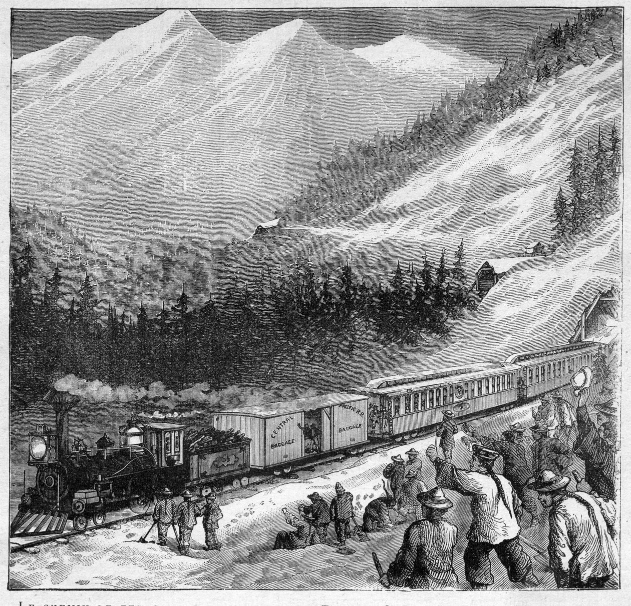 Kanadan Tyynenmeren rautatie vuonna 1888 - Kanadan Tyynenmeren rautatie - Junan kulku Sierra Nevadassa - Kaiverrus "" Journal des Voyages" -julkaisuun 1888 tekijältä French School