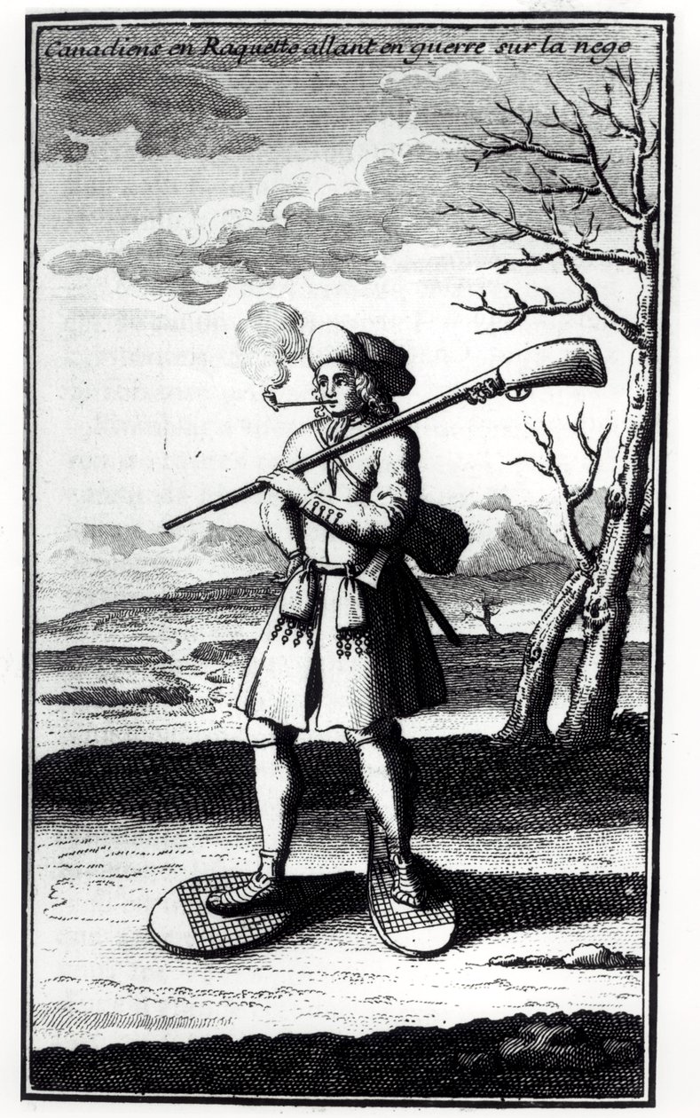 Kanadalainen lumikengillä sotaan lumessa, Bacqueville de La Potherien (1663-1736) Histoire de lAmerique septentrionalesta, julkaistu vuonna 1753 tekijältä French School