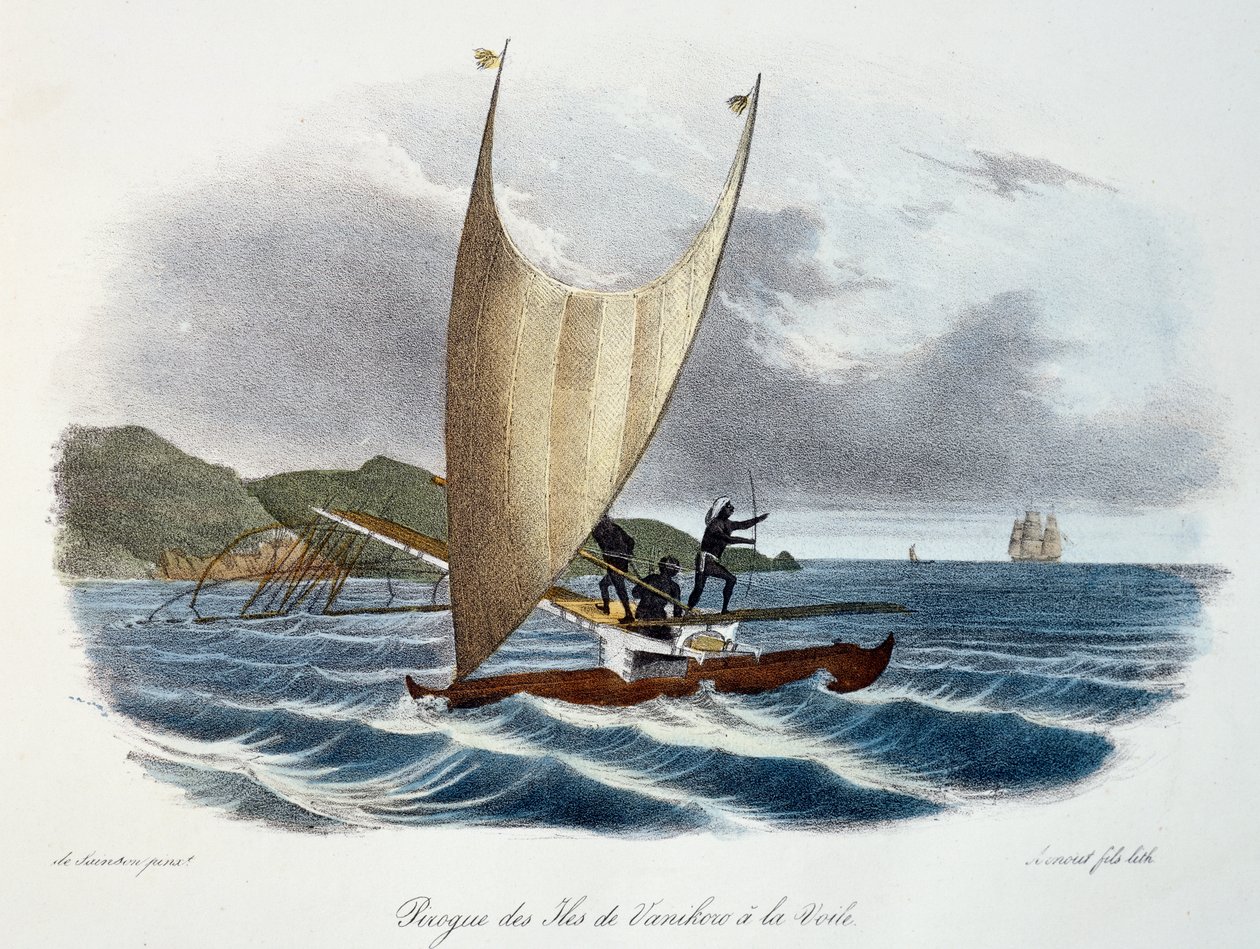 Kanootti purjeella Vanikoron saarilta, Salomonsaarilta (saaristo), värikaiverrus Jules-Sebastien-Cesar Dumont d