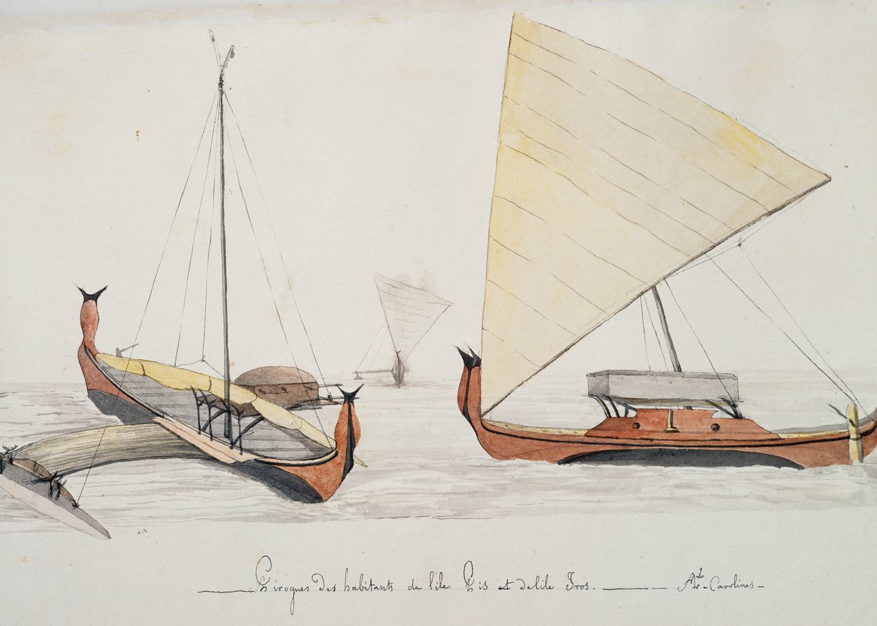 Pisin ja Irossaarten (Caroline Islands) asukkaiden kanootit, Jules-Louis Lejeunen akvarellimaalaus Duperreyn matkasta tekijältä French School