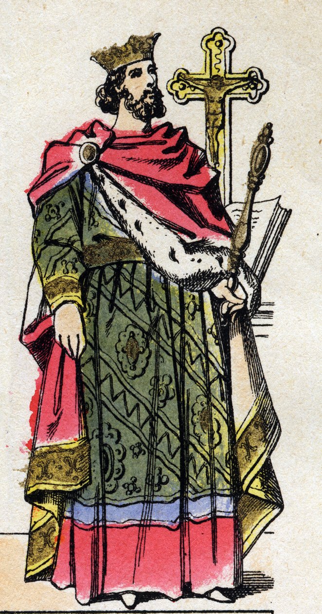 Capetian-dynastia: Muotokuva Robert II hurskasta (972-1031), frankkien kuningas 996-1031. Epinaalikuvaus 1800-luvun lopusta. Yksityinen kokoelma. tekijältä French School