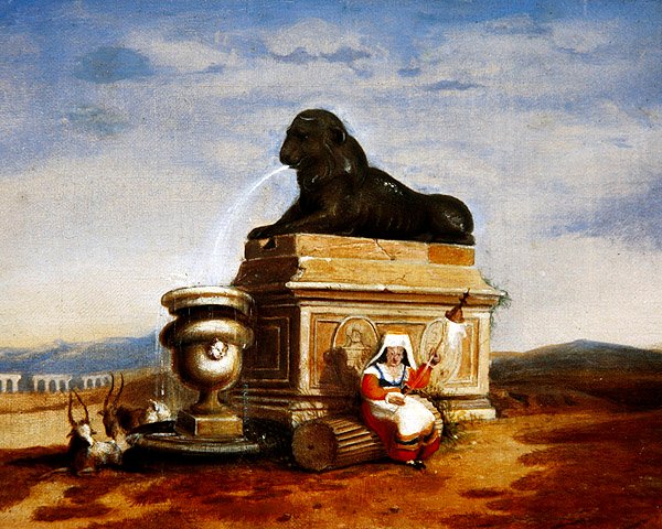 Capriccio roomalaisista jäänteistä ja kehräävästä italialaisesta talonpoikaisnaisesta, noin 1825 (öljy kartongille). tekijältä French School