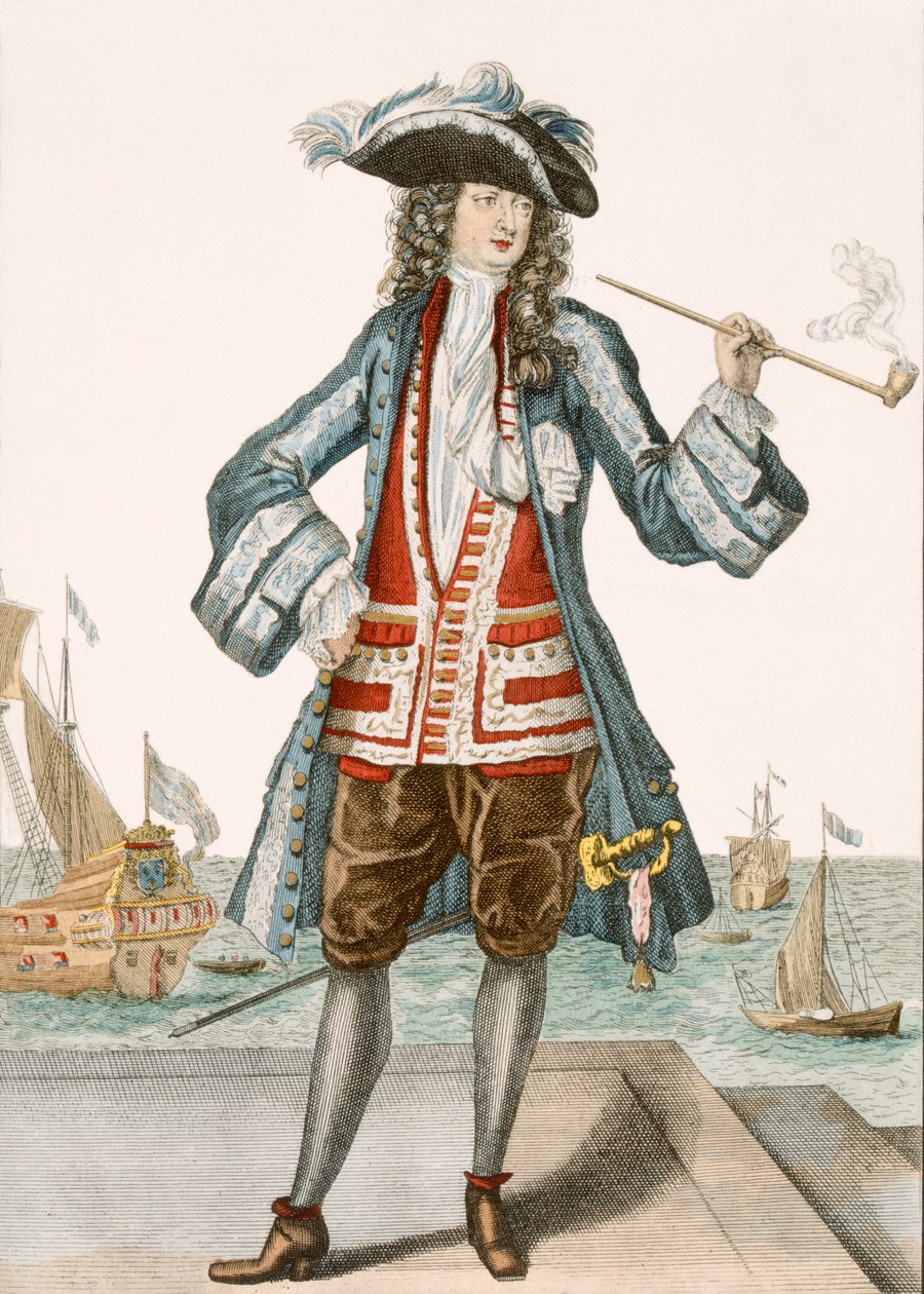 Dunkerquen kapteeni Jean Bart 88:Le Capitaine Jean Baert de Dunquerque, laivaston kapteeni, seisoo polttamassa pitkää piippua telakoilla; Jean Bart (1651-1702), flaamilainen merimies tekijältä French School
