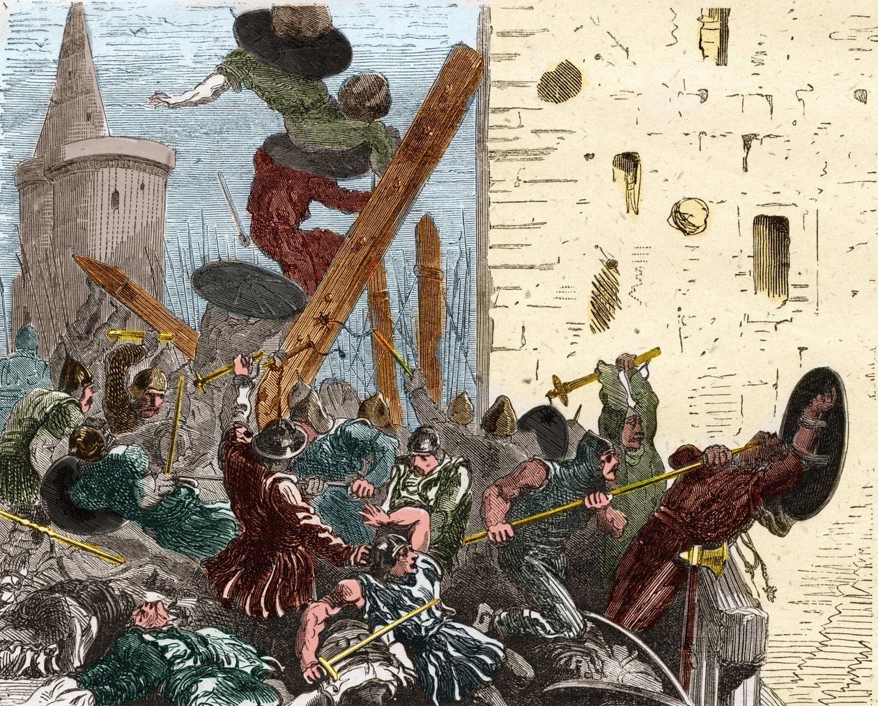 Carcassonnen vangitseminen ristiretken aikana albigereita vastaan elokuussa 1209. Kaiverrus Paul Lehugeurin Histoire De France En Centin maalauksiin 1891 tekijältä French School