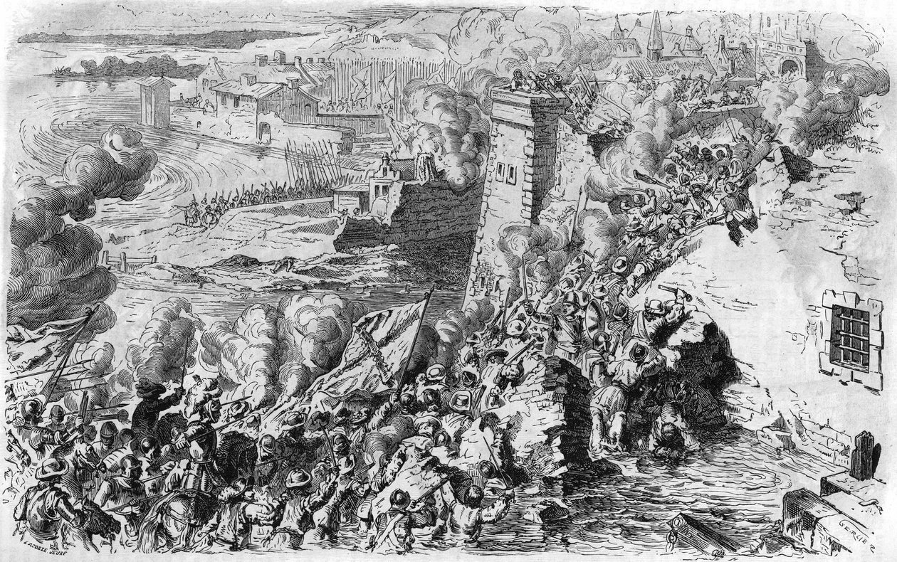 Farnesen vangitsema Lagny vuonna 1590 vanhan kaiverruksen jälkeen. Teoksessa "" Histoire Populaire de la France"", sd. noin 1885. Kaiverrus. tekijältä French School
