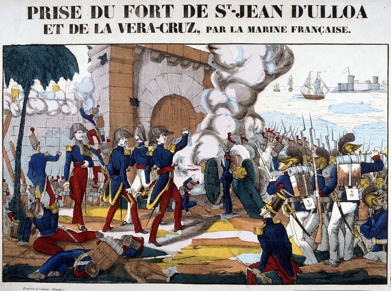 Pyhän Johanneksen Ulloalaisen ja La Vera Cruzin linnakkeen vangitseminen Meksikossa marraskuussa 1838. Kuva Epinalista tekijältä French School