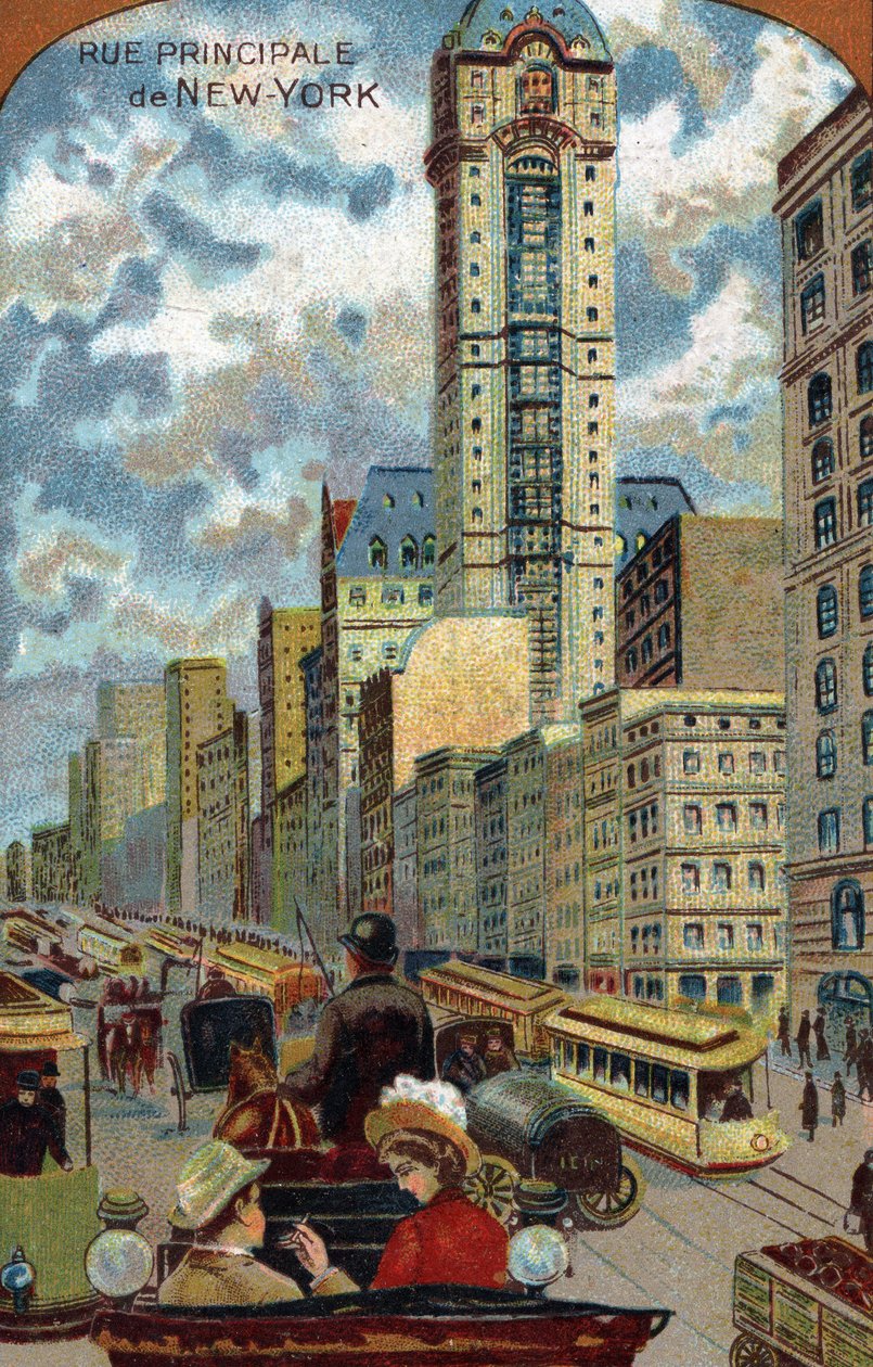 Autoliikenne Broadwaylla, Main Street of New York (New York) (liikenneruuhka Broadway Avenuella, Manhattan) 1800-luvun kromolitografian yksityinen kokoelma tekijältä French School