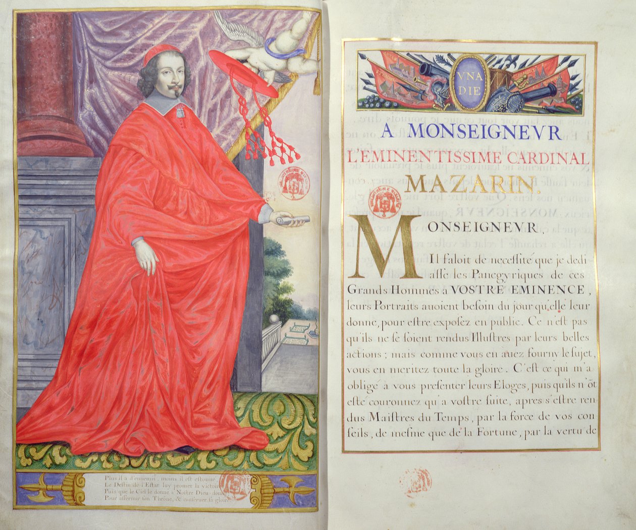 Kardinaali Mazarin, kuvitus ja omistus Puget de la Serren vuosisadan maineikkaiden miesten panegyricista, 1655 tekijältä French School