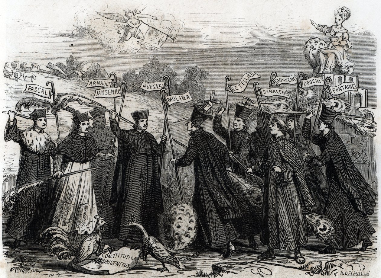 Karikatyyri Unigenitusista paavi Clement XI:n vuonna 1713 julkaisema paavin bullan muodossa oleva apostolinen perustuslaki, avasi jansenistisen kiistan viimeisen vaiheen Ranskassa 1713 (kaiverrus) tekijältä French School
