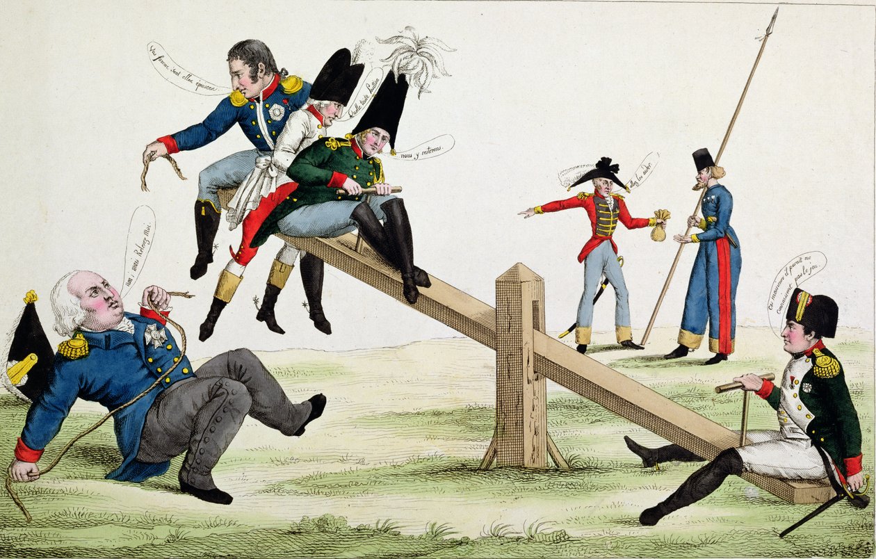 Karikatyyri, joka kuvaa Ludvig XVIII:ta (1755-1824) Napoleonia (1769-1821) ja liittolaisia Cent-Joursin aikaan vuonna 1815 tekijältä French School