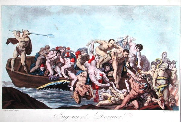 Karikatyyri, joka kuvaa Napoleonia (1769-1821) viimeisellä tuomiolla, n. 1815 (värilitho) tekijältä French School
