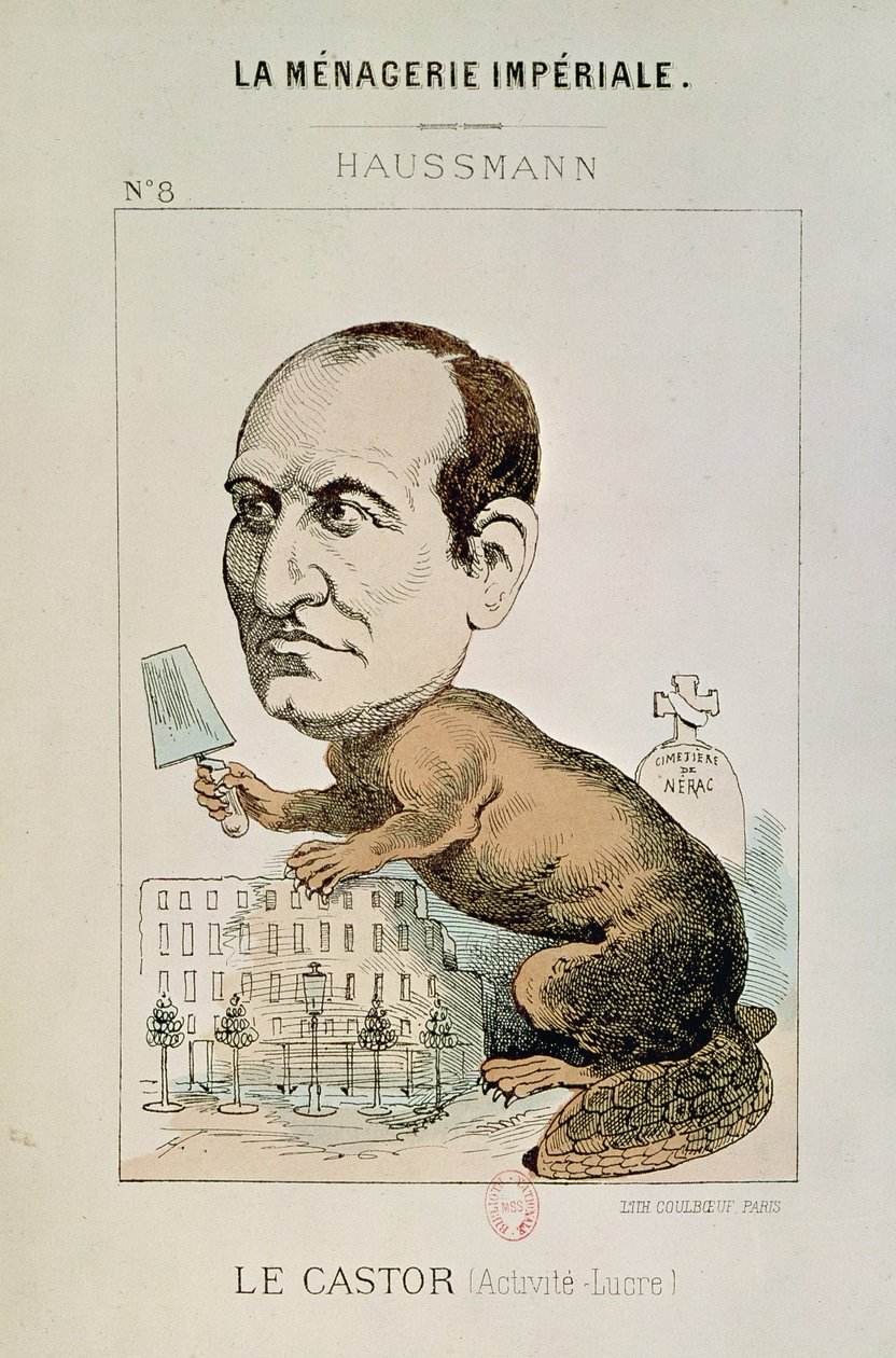Karikatyyri Baron Georges Eugene Haussmannista (1809-91) majavana, elokuvasta "La Menagerie Imperiale", n. 1870-71 tekijältä French School