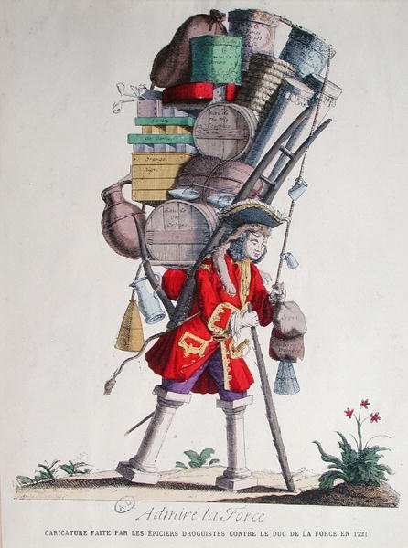 Karikatyyri Henri Jacques Nompar de Caumontista (1675-1726), 5. Duc de la Forcen, on tehnyt "Epiciers Droguistes" (tavarakauppiaat ja päivittäistavarakauppiaat) tekijältä French School