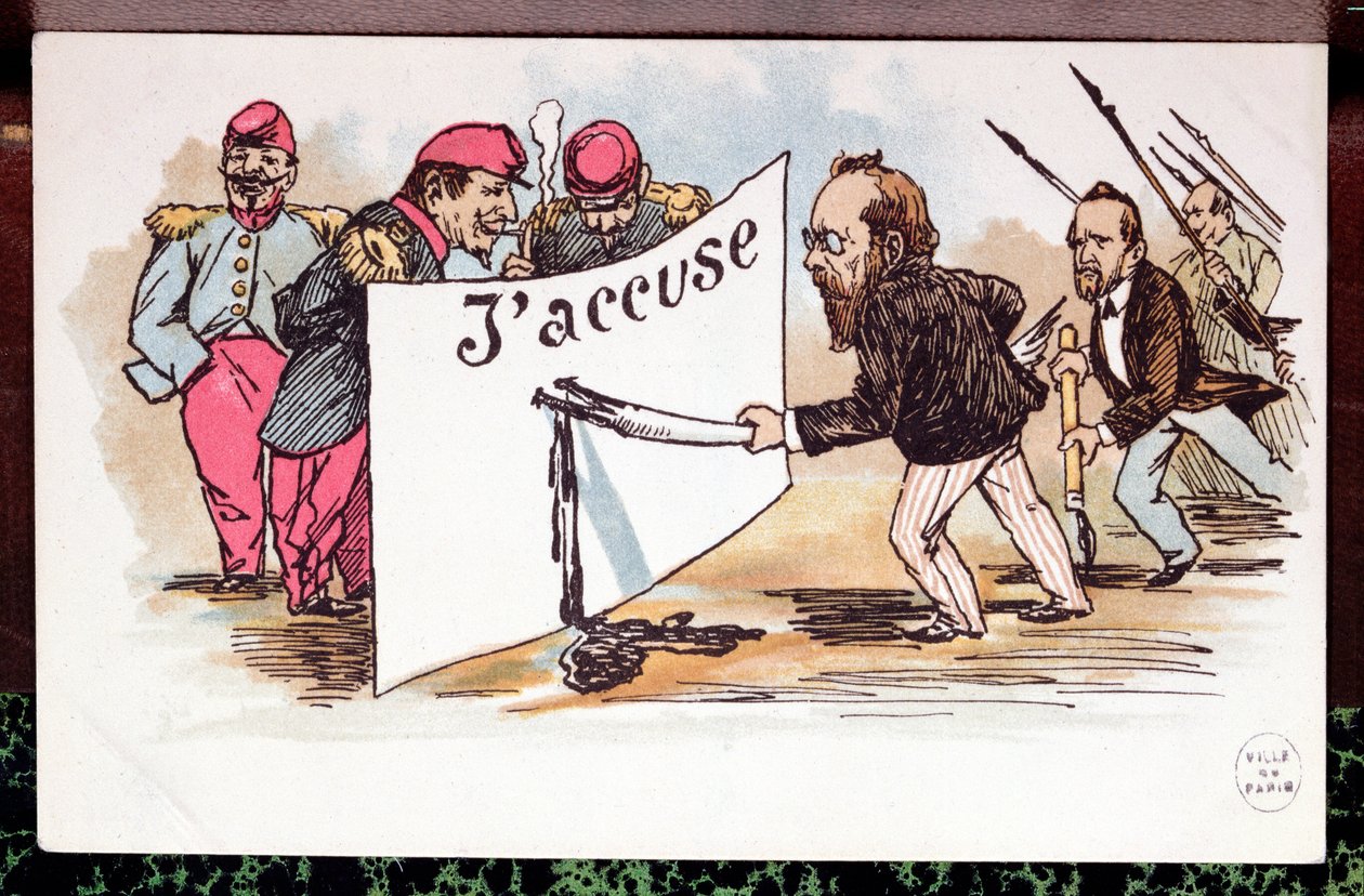Karikatyyri JAccuksesta, Emile Zolan (1840-1902) kirjoittama artikkeli Alfred Dreyfuksen puolustamiseksi, 1898 tekijältä French School
