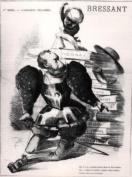 Karikatyyri Jean Baptiste Francois Bressantista (1815-86) Don Carloksena Victor Hugon (1802-85) "Hernani"-elokuvassa, "Le Masque":n kansikuvitus, 27. elokuuta 1867 (kaiverrus) (m/w kuva) tekijältä French School