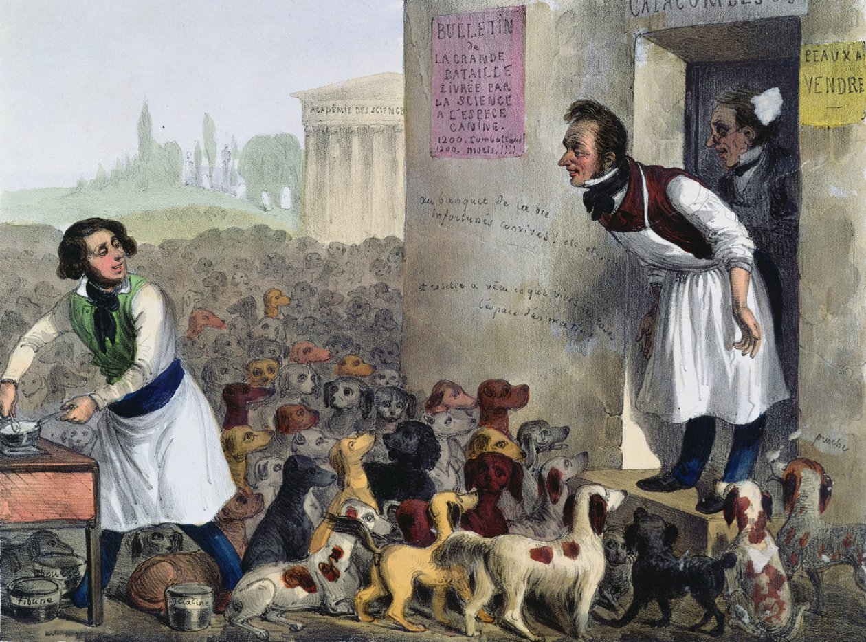 Karikatyyri pariisilaisista, jotka käsittelevät raivokkaita koiria, n. 1840 tekijältä French School