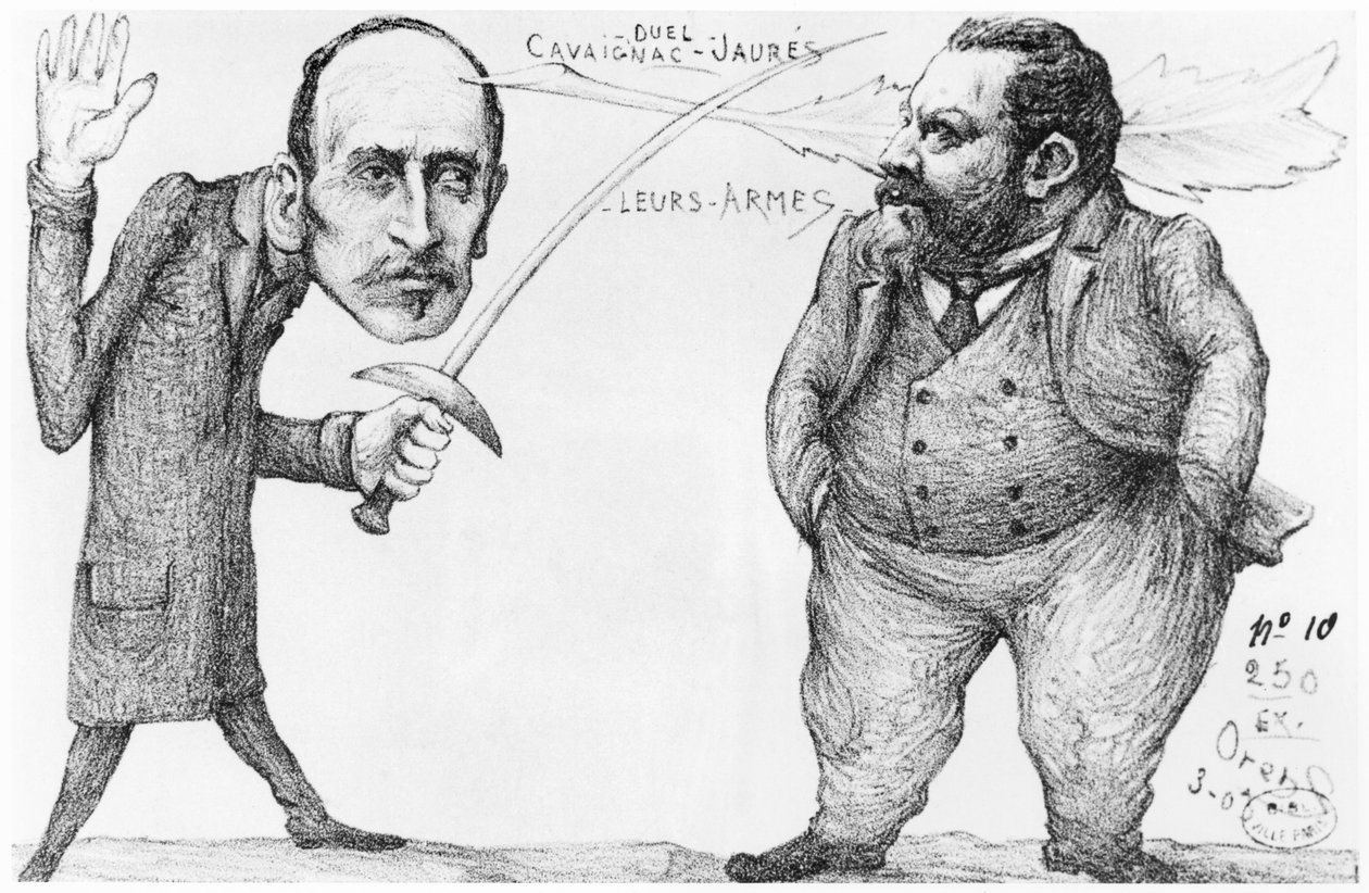 Karikatyyri kaksintaistelusta sotaministeri Godefroy Cavaignacin (1801-45) ja sosialistijohtajan ja pasifistin Jean Jauresin (1859-1914) välillä, 1898 tekijältä French School
