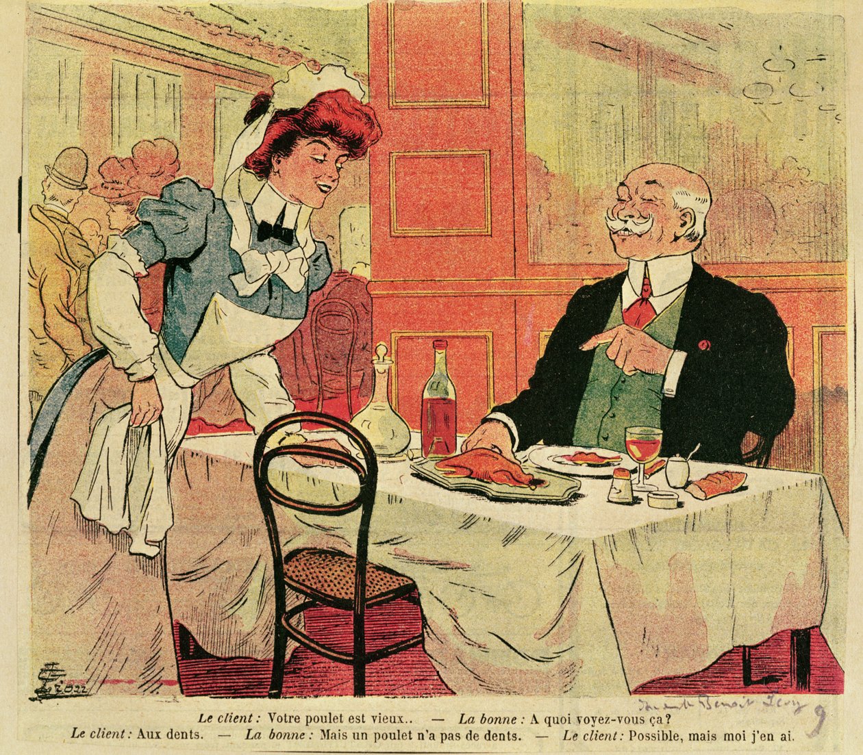 Karikatyyri asiakkaasta ja tarjoilijasta ravintolassa, n. 1905 tekijältä French School