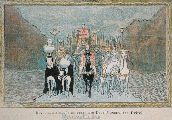 Karikatyyri ranskalaisesta kirjallisuuskriitikkosta Ferdinand Brunetiere (1849-1906), n. 1900 (värilitho) tekijältä French School