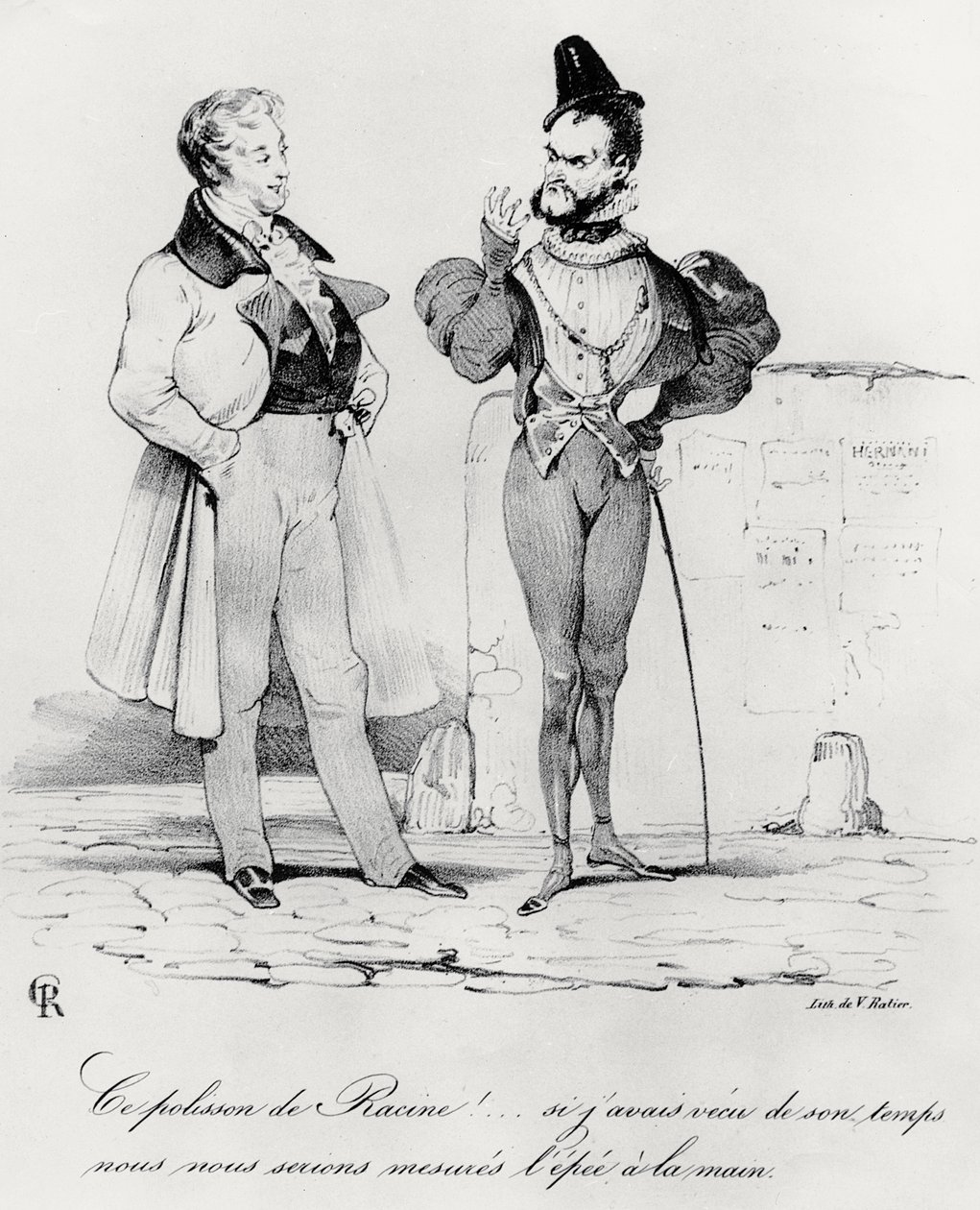 Karikatyyri Victor Hugon Hernanin aikaisista romanttisista draamista 1802-85) (1829) tekijältä French School