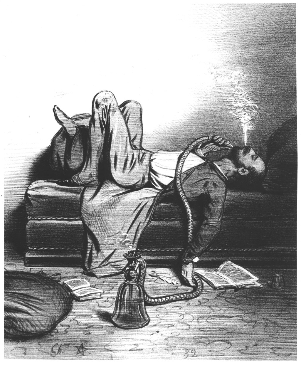 Karikatyyri romanttisesta kirjailijasta, joka etsii inspiraatiotaan hasishista, n. 1849 tekijältä French School