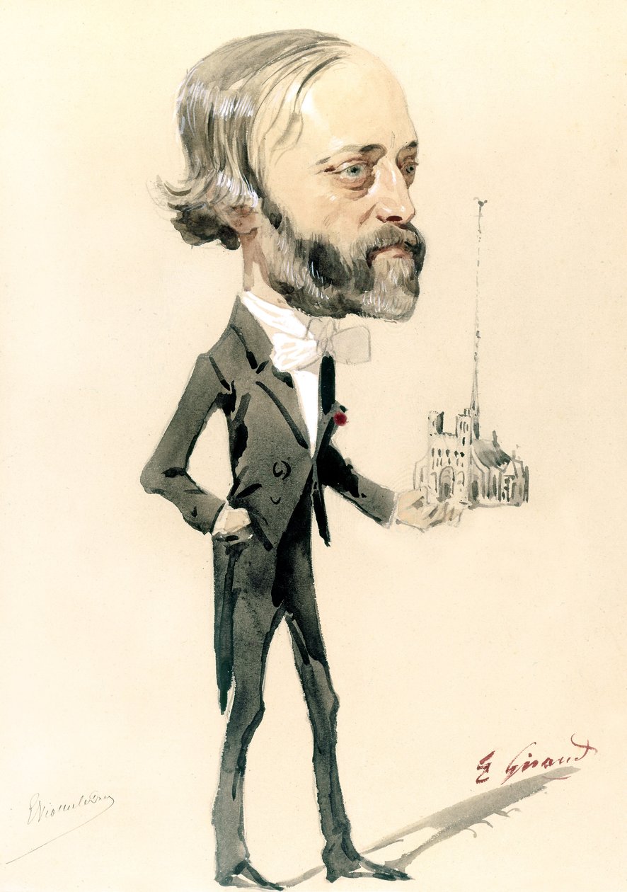 Karikatyyri arkkitehti Eugène Emmanuel Viollet-le-Ducista (värinen lito) tekijältä French School