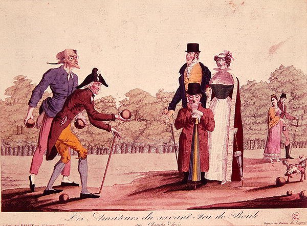 Karikatyyri kulhopelistä (Le Jeu de Boules), 1800-luvun alku (värilitho) tekijältä French School