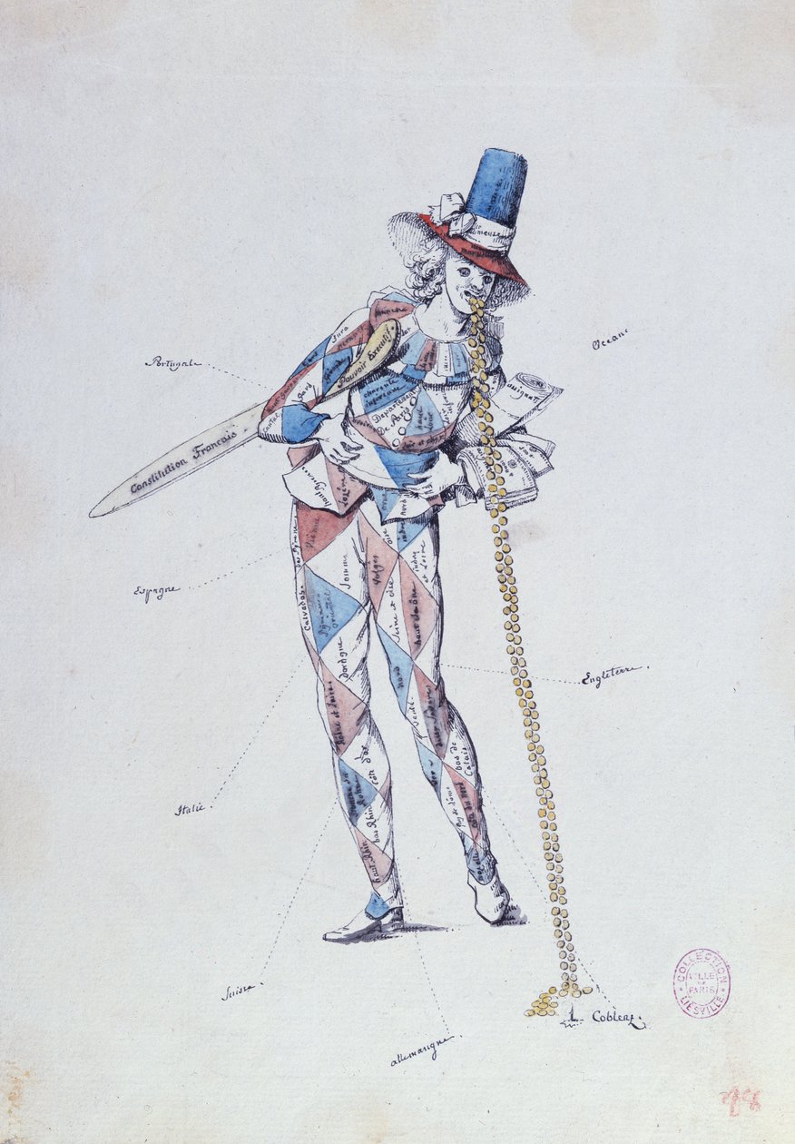 Karikatyyri satiirisoi ranskalaisia aristokraattisia siirtolaisia, n. 1792 tekijältä French School
