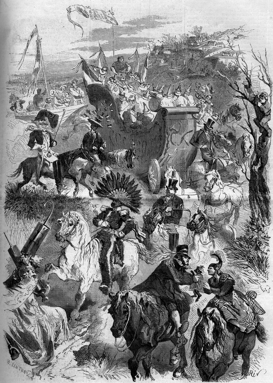 Mardi Grasin karnevaali, Ranska, 8. maaliskuuta 1859: Sevresin naamiaisen laskeutuminen Pariisiin. Kaiverrus "" Le Monde Illustré" -julkaisussa nro 100, 19. maaliskuuta 1859. tekijältä French School