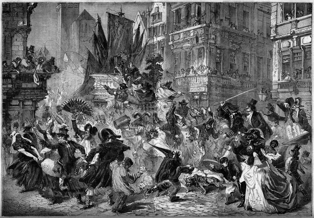Karnevaalikohtaus Antwerpenin kaduilla (Belgia) vuonna 1860. Kaiverrus "" Le Monde Illustré" -julkaisussa nro 151, 3. maaliskuuta 1860. tekijältä French School