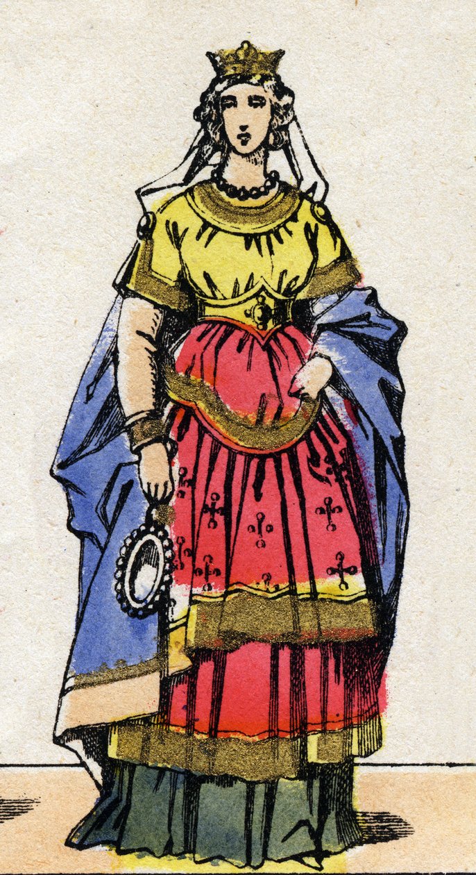 Karolingien dynastia: Muotokuva Italian Emma (s. noin 948) Ranskan kuningatar Lothairen vaimo (941-986). Epinaalikuvaus 1800-luvun lopulta. Yksityinen kokoelma. tekijältä French School